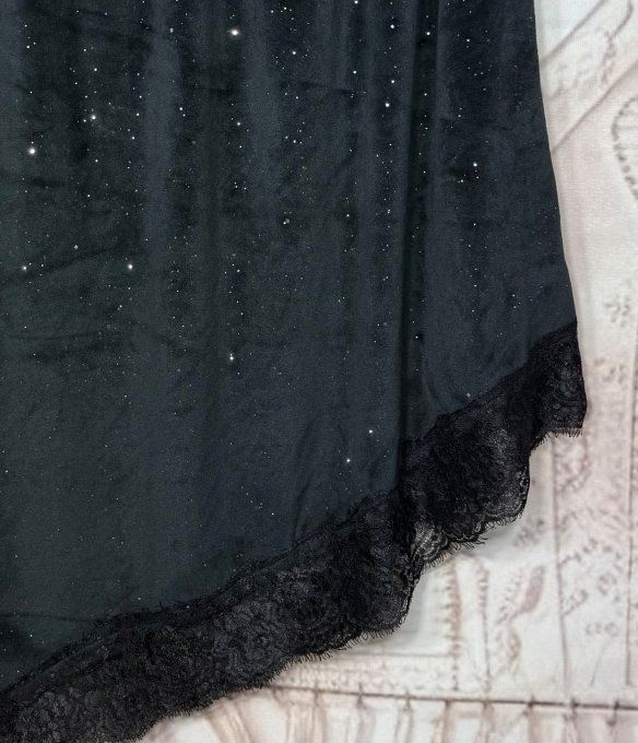 Jupe asymétrique velours noir strass paillettes argentées et dentelle noire du 40 au 52