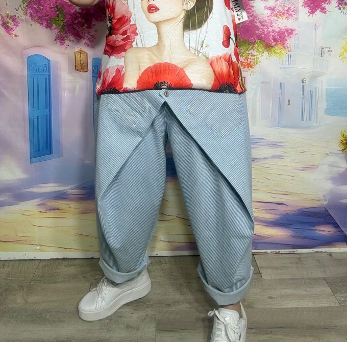 Jeans Wide Legs pans asymétriques rayé stone clair délavé du 40 au 48 (maxi 114cm Tour de taille)