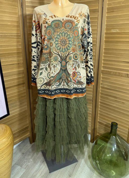 Top lurex beige pailleté doré L'Arbre de Vie du 38 au 48/50 