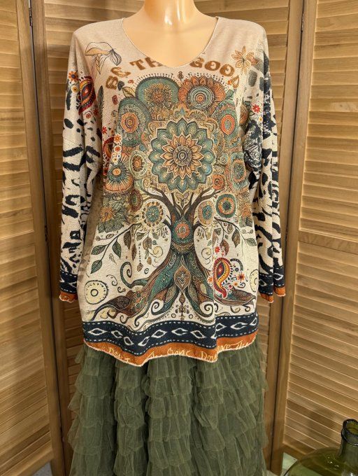 Top lurex beige pailleté doré L'Arbre de Vie du 38 au 48/50 