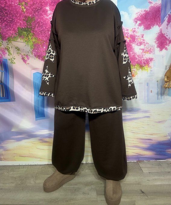 Sweat oversize Néoprène Chocolat Etoiles Léopard manches et dos douceur +++ du 42 au 54 