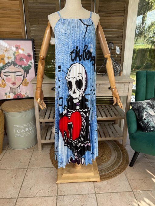 Robe longue plissée bretelles ajustables effet jeans délavé The Skeleton in Love du 38 au 48/50 