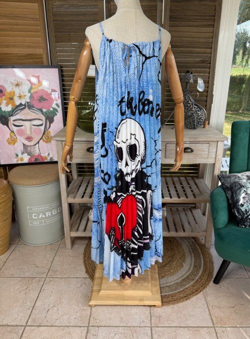 Robe longue plissée bretelles ajustables effet jeans délavé The Skeleton in Love du 38 au 48/50 