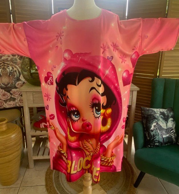 Robe trapèze ou tunique longue rose bonbon Betty Boop Street Fashion du 40 au 48  