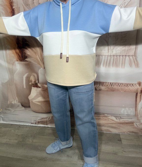 Sweat à capuche tricolore Bleu layette beige et blanc du 38 au 48  