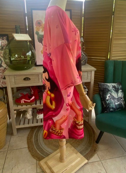 Robe trapèze ou tunique longue rose bonbon Betty Boop Street Fashion du 40 au 48  
