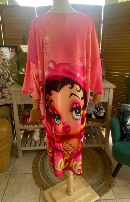 Robe trapèze ou tunique longue rose bonbon Betty Boop Street Fashion du 40 au 48  