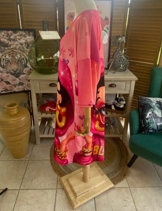 Robe trapèze ou tunique longue rose bonbon Betty Boop Street Fashion du 40 au 48  