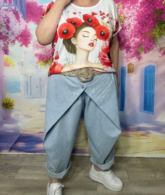 Jeans Wide Legs pans asymétriques rayé stone clair délavé du 40 au 48 (maxi 114cm Tour de taille)