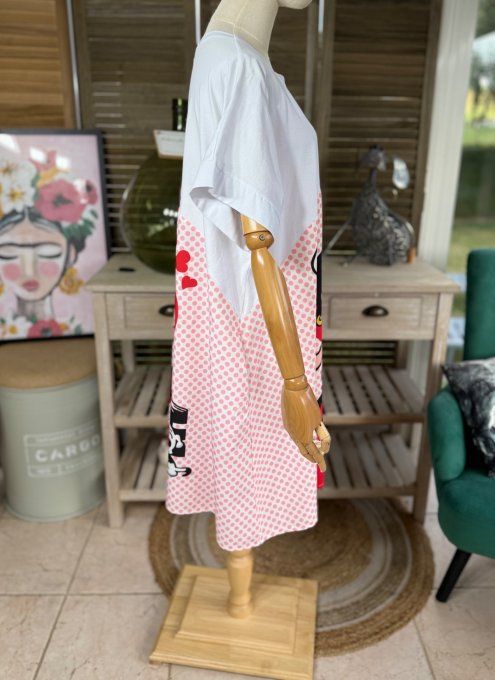 Robe mi-longue trapèze blanche  pois roses Betty Boop in Love du 38 au 50