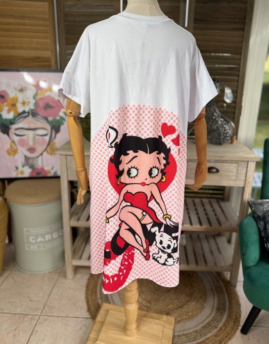 Robe mi-longue trapèze blanche  pois roses Betty Boop in Love du 38 au 50