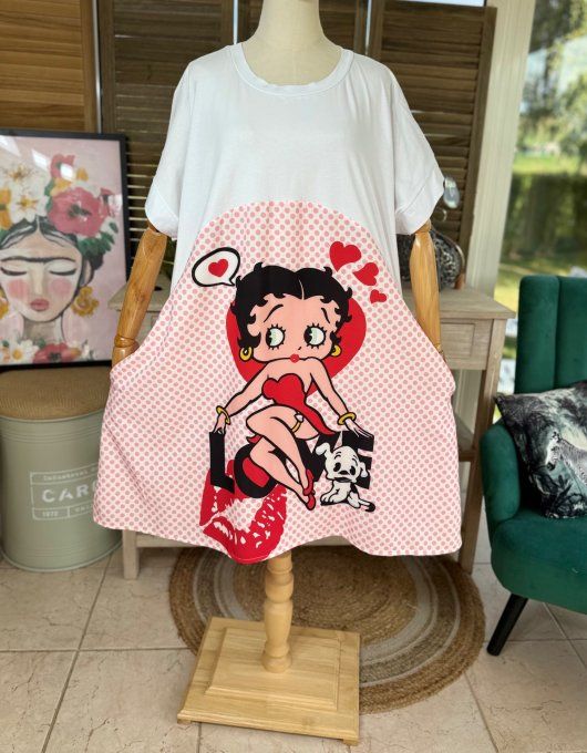 Robe mi-longue trapèze blanche  pois roses Betty Boop in Love du 38 au 50