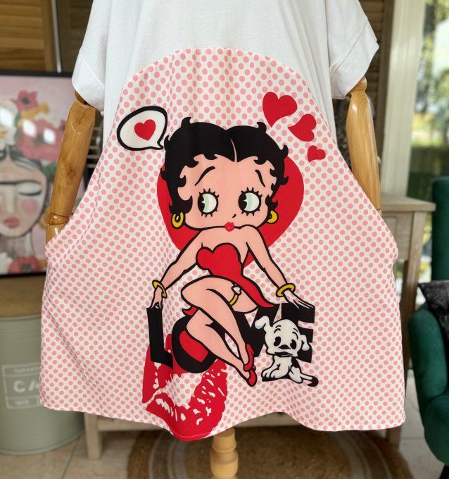 Robe mi-longue trapèze blanche  pois roses Betty Boop in Love du 38 au 50