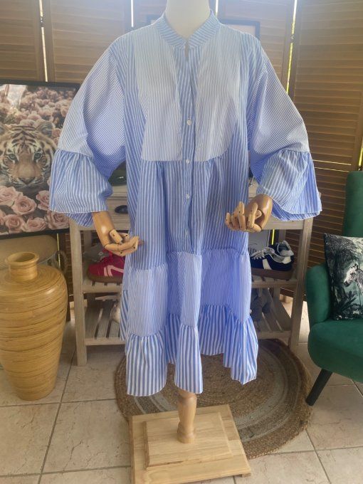 Robe trapèze ample camaïeu rayures ciel et blanches  du 40 au 48/50