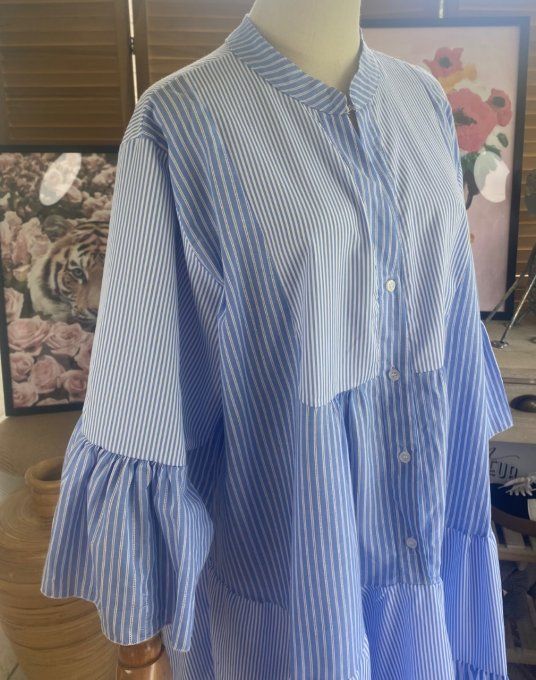 Robe trapèze ample camaïeu rayures ciel et blanches  du 40 au 48/50