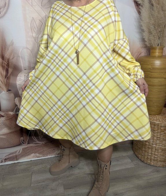 Robe trapèze ample Jacquard Esprit Rétro Sixties jaune douceur +++ du 42 au 54/56 