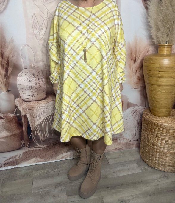 Robe trapèze ample Jacquard Esprit Rétro Sixties jaune douceur +++ du 42 au 54/56 