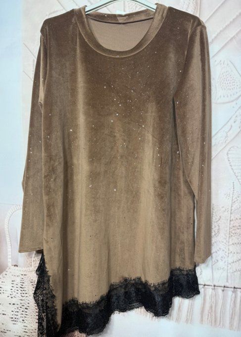 Tunique asymétrique velours chocolat strass paillettes argentées et dentelle noire du 38 au 50/52 