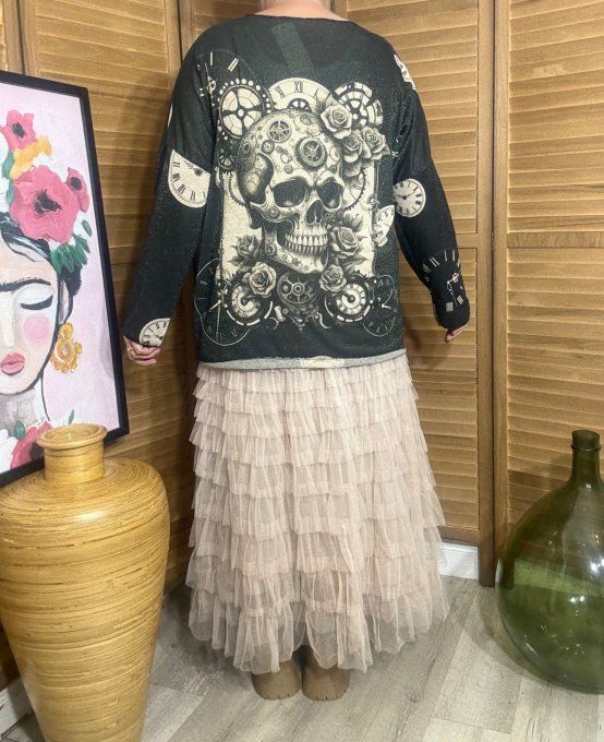 Top lurex noir pailleté doré Mexican Skulls & Clocks du 38 au 48/50
