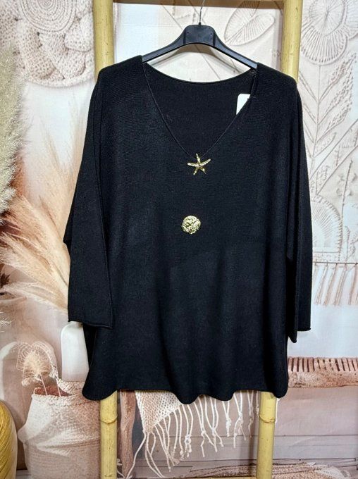 pull ample SANS LAINE noir col V +  2 broches dorées  du 40 au 52  