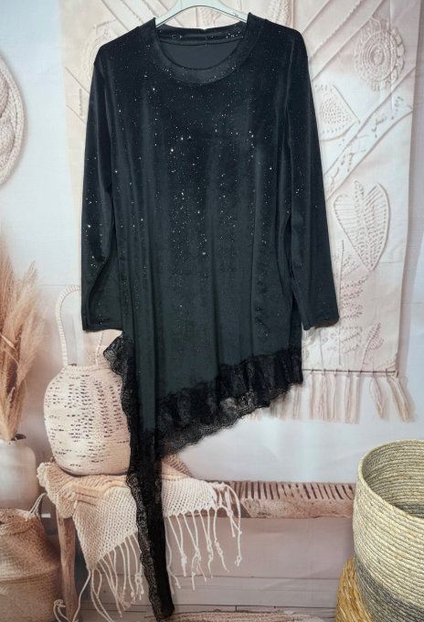 Tunique asymétrique velours ras noir strass paillettes argentées et dentelle noire du 38 au 50/52