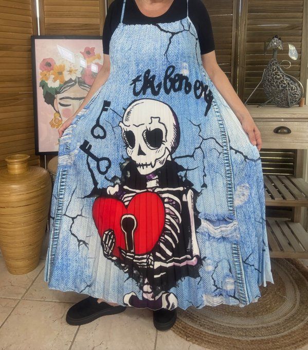 Robe longue plissée bretelles ajustables effet jeans délavé The Skeleton in Love du 38 au 48/50 