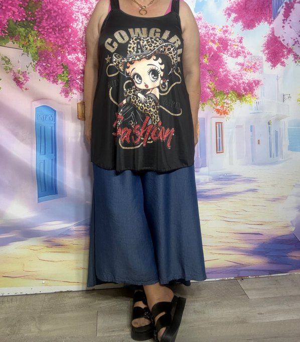 Débardeur trapèze lycra noir larges bretelles Betty Boop Cowgirl Country du 38 au 48/50