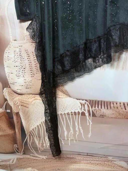 Tunique asymétrique velours ras noir strass paillettes argentées et dentelle noire du 38 au 50/52