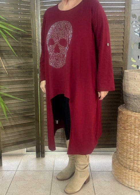 Maxi-tunique asymétrique Bordeaux Mexican Skulls Calavera Strass du 40 au 52 