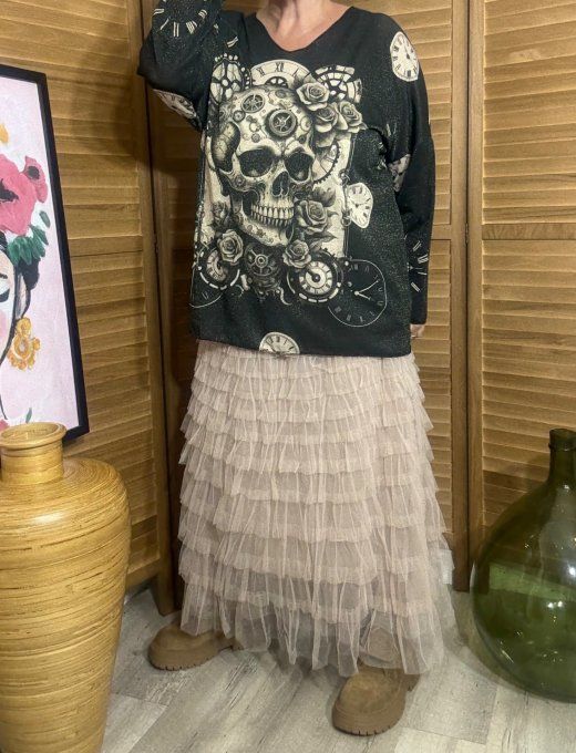Top lurex noir pailleté doré Mexican Skulls & Clocks du 38 au 48/50