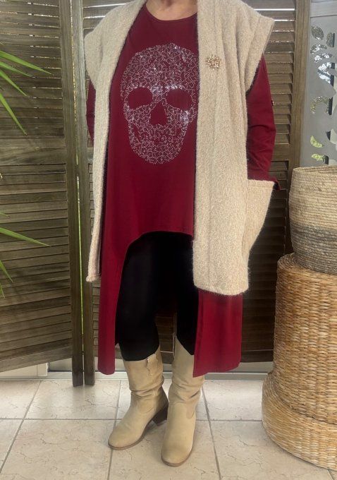 Maxi-tunique asymétrique Bordeaux Mexican Skulls Calavera Strass du 40 au 52
