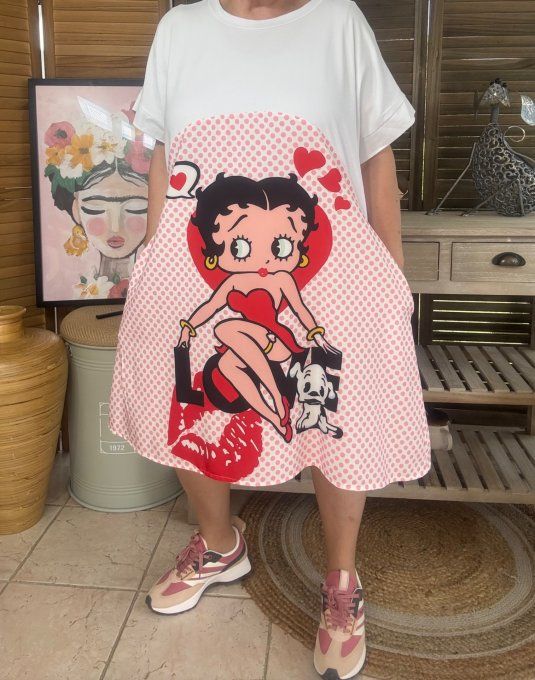 Robe mi-longue trapèze blanche  pois roses Betty Boop in Love du 38 au 50