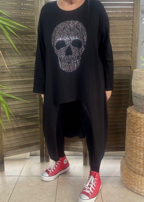 Maxi-tunique asymétrique noire Mexican Skulls Calavera Strass du 40 au 52