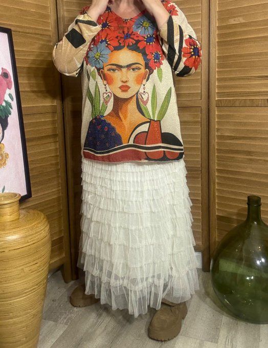 Top lurex beige pailleté doré Frida Kahlo aux Fleurs du 38 au 48/50 