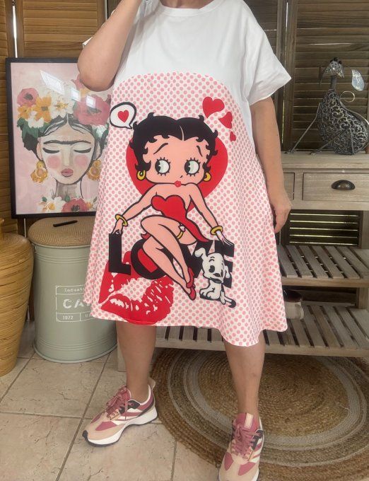 Robe mi-longue trapèze blanche  pois roses Betty Boop in Love du 38 au 50