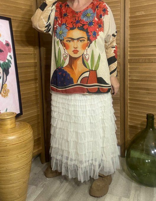Top lurex beige pailleté doré Frida Kahlo aux Fleurs du 38 au 48/50 