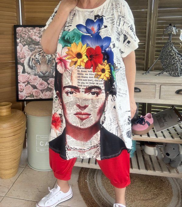 Tunique longue ou robe courte blanche Frida Kahlo Street Art du 40 au 50/52 