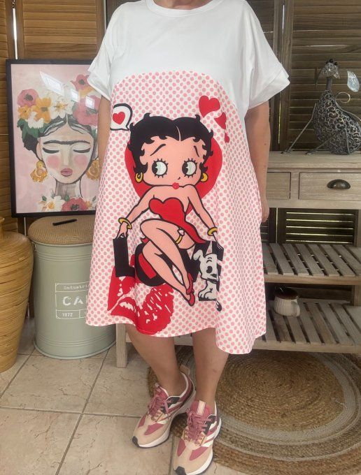 Robe mi-longue trapèze blanche  pois roses Betty Boop in Love du 38 au 50