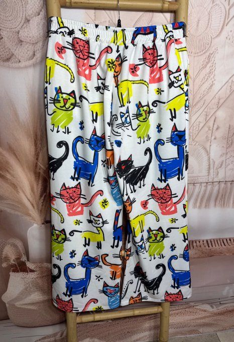 Pantalon palazzo blanc Les adorables Chats multicolores  stretch ++++ du 40 au 52/54 