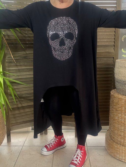 Maxi-tunique asymétrique noire Mexican Skulls Calavera Strass du 40 au 52