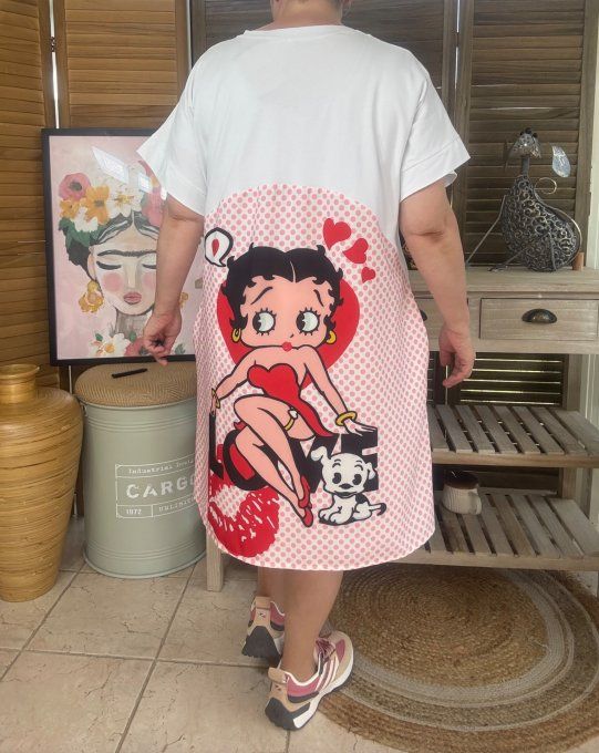 Robe mi-longue trapèze blanche  pois roses Betty Boop in Love du 38 au 50