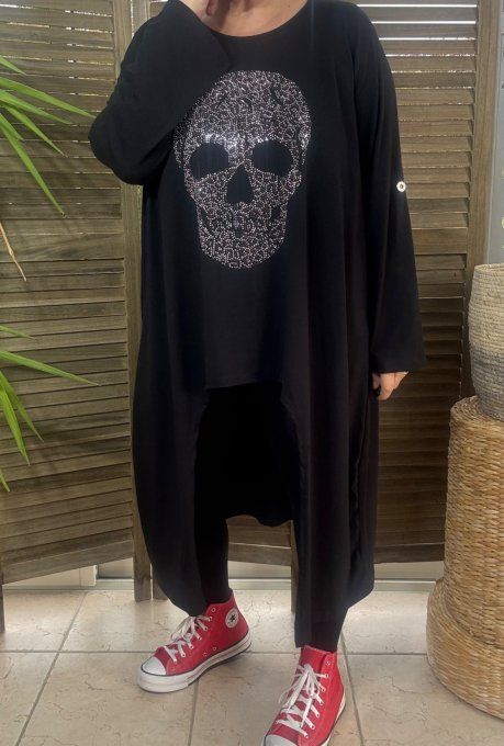 Maxi-tunique asymétrique noire Mexican Skulls Calavera Strass du 40 au 52