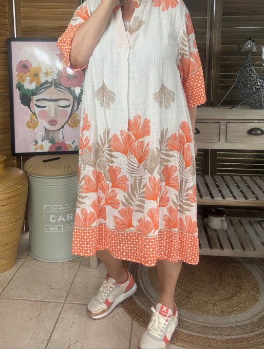 Robe mi-longue trapèze blanche aspect lin feuilles Ginko orangées & taupe du 40 au 50/52 