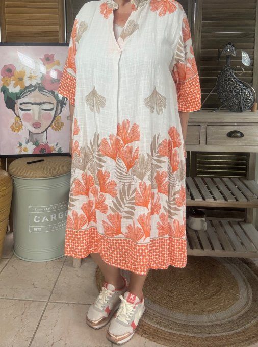 Robe mi-longue trapèze blanche aspect lin feuilles Ginko orangées & taupe du 40 au 50/52 