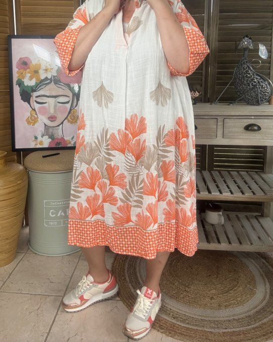 Robe mi-longue trapèze blanche aspect lin feuilles Ginko orangées & taupe du 40 au 50/52 
