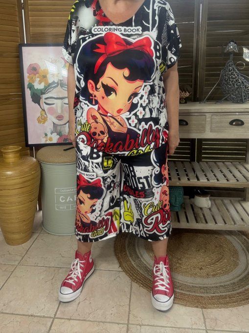 Ensemble bermuda façon Jort + top  Pinup Skulls Rockabilly du 40 au 52 