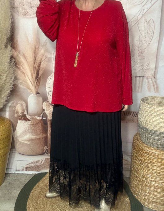 Top ample rouge pailleté rouge brillant manches longues Fêtes du 42 au 54/56