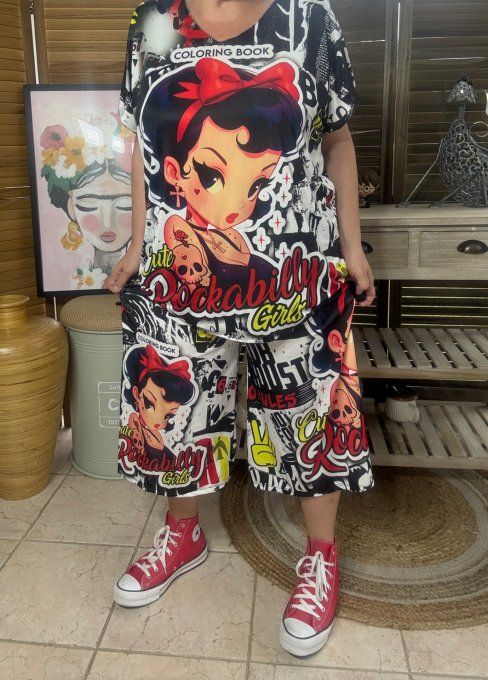 Ensemble bermuda façon Jort + top  Pinup Skulls Rockabilly du 40 au 52 