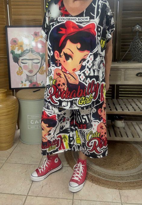 Ensemble bermuda façon Jort + top  Pinup Skulls Rockabilly du 40 au 52 