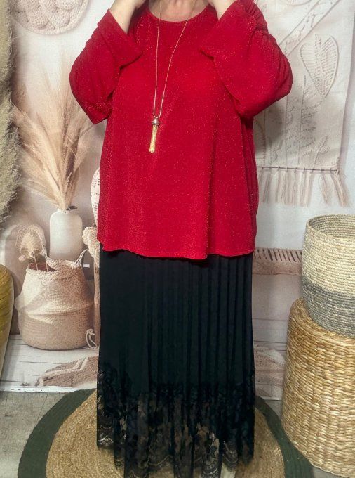 Top ample rouge pailleté rouge brillant manches longues Fêtes du 42 au 54/56